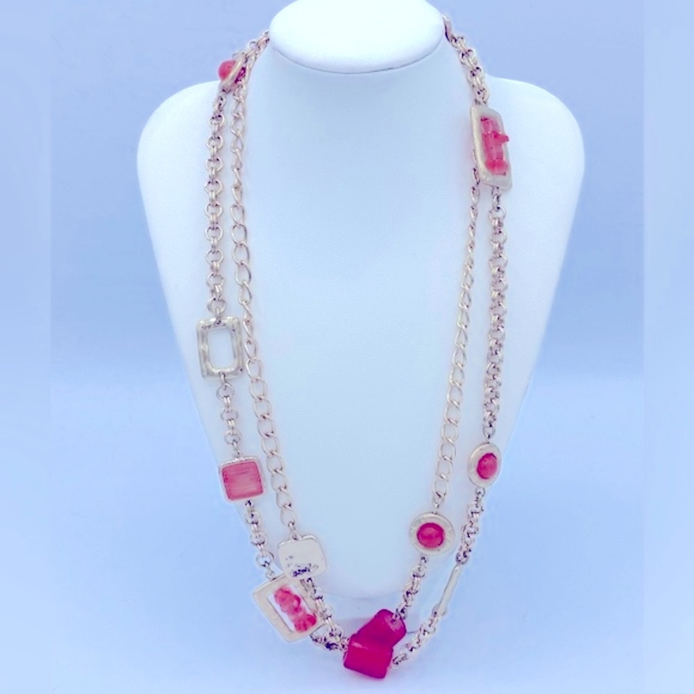 Chicos Long Gold Tone Geometric Shapes With Pink Beads and Pink Enamel Necklace